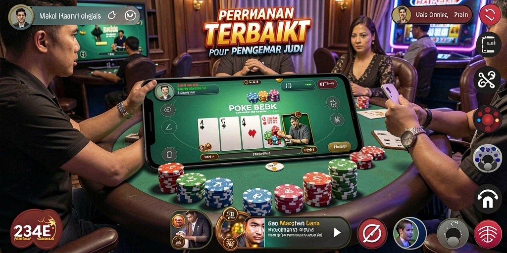 Screenshot gameplay 234E menampilkan suasana meja poker yang mendebarkan.