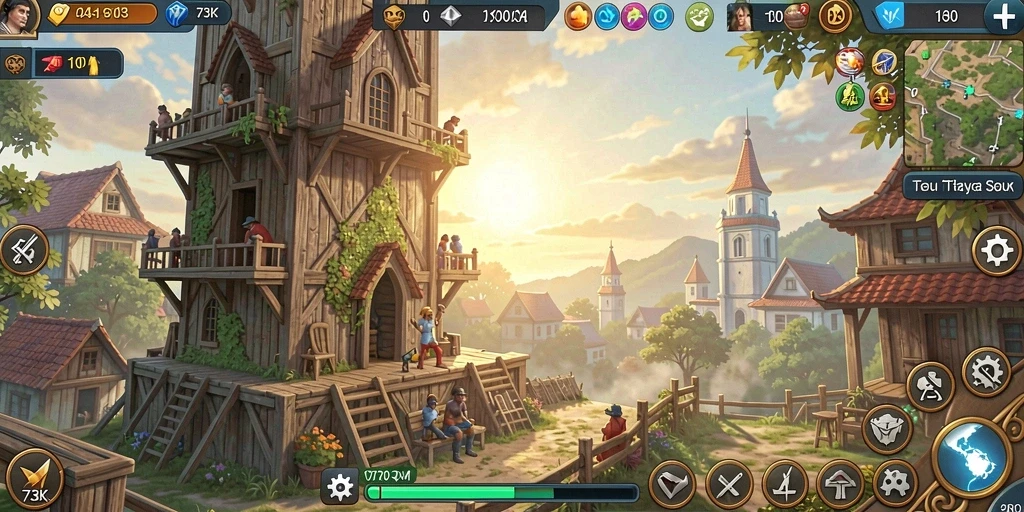 Tampilan gameplay seru dari 73K dengan menara yang berfungsi.