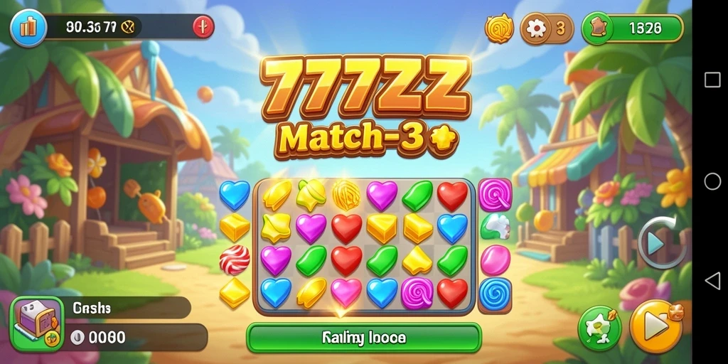 Screenshot gameplay 777ZX dengan warna-warni dan tantangan Match-3.