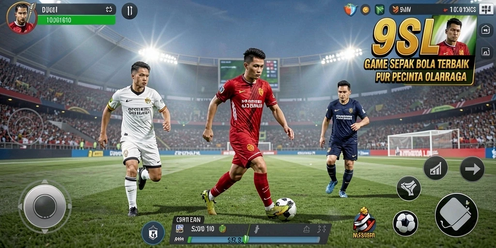 Screenshot utama 9SL menampilkan aksi seru dalam permainan sepak bola.