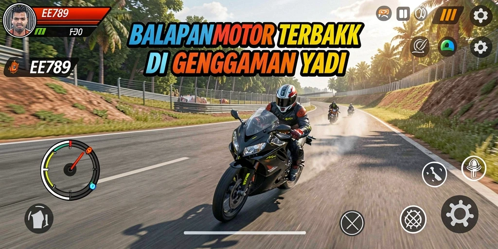 Screenshot EE789 menampilkan aksi balapan motor yang mendebarkan.