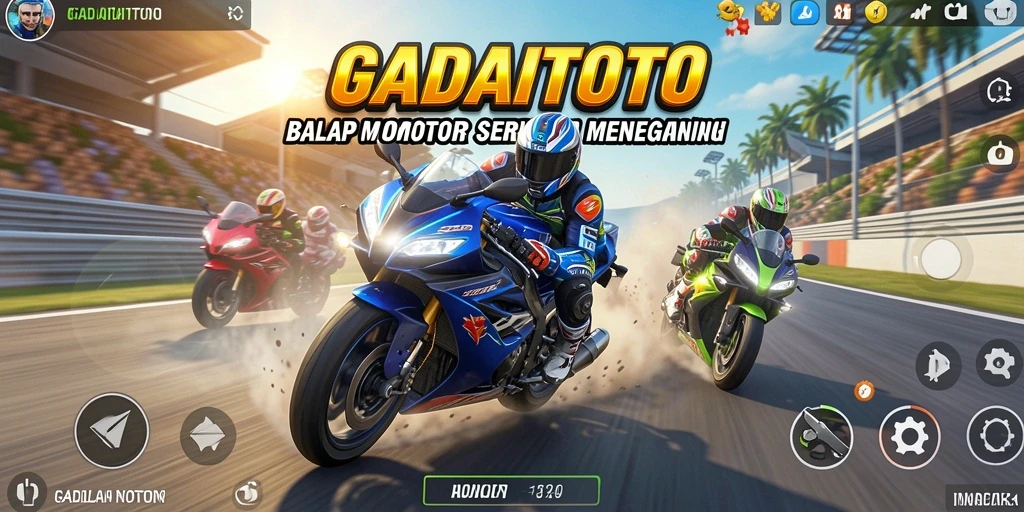 Screenshot utama GADAITOTO menampilkan aksi balap motor yang mendebarkan.