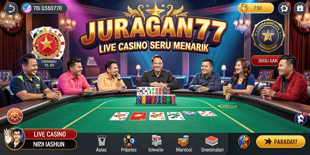 Tampilan gameplay JURAGAN77 dengan dealer langsung dan permainan kasino.