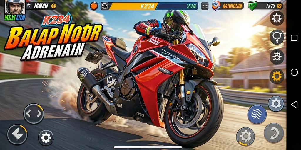 Screenshot gameplay K234 menampilkan aksi balap motor yang seru dan mendebarkan.