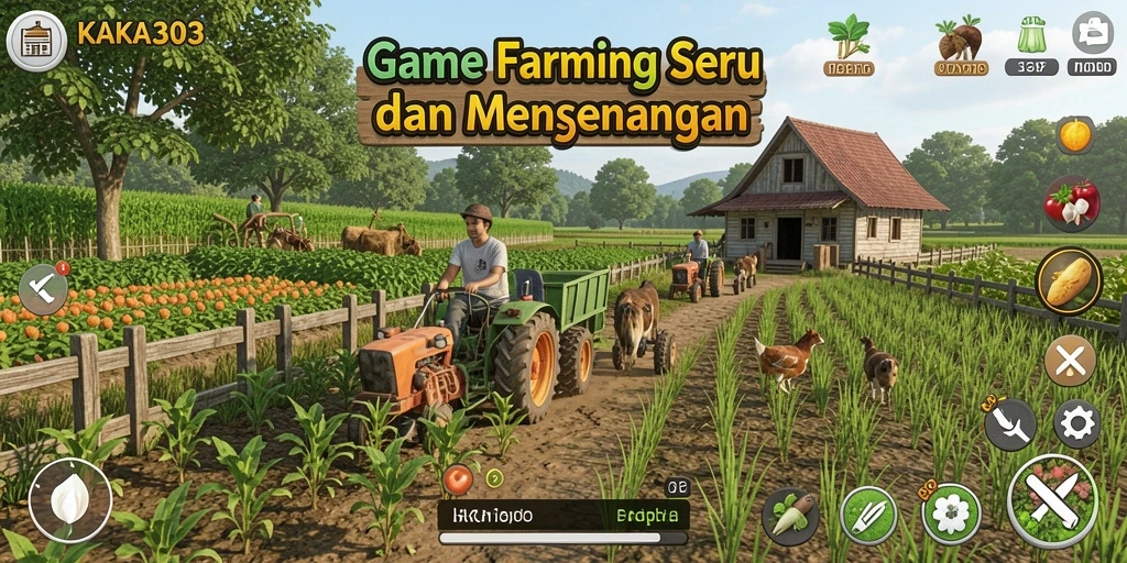 Screenshot gameplay KAKA303 menampilkan petani yang sedang memanen hasil panen.