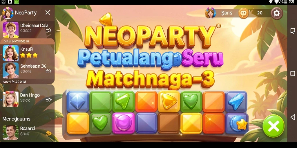 Screenshot gameplay NEOPARTY menunjukkan level Match-3 yang penuh warna.