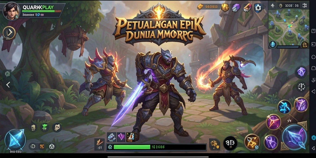 Tampilan utama gameplay QUARKPLAY yang menampilkan pertarungan epik antara pemain.