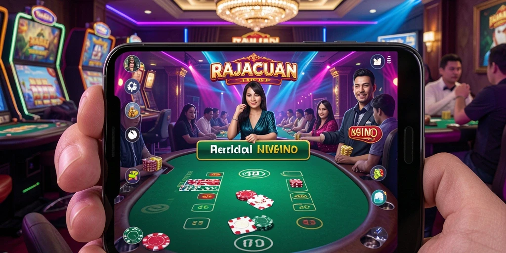 Screenshot gameplay RAJACUAN menampilkan dealer langsung dan suasana kasino yang nyata.