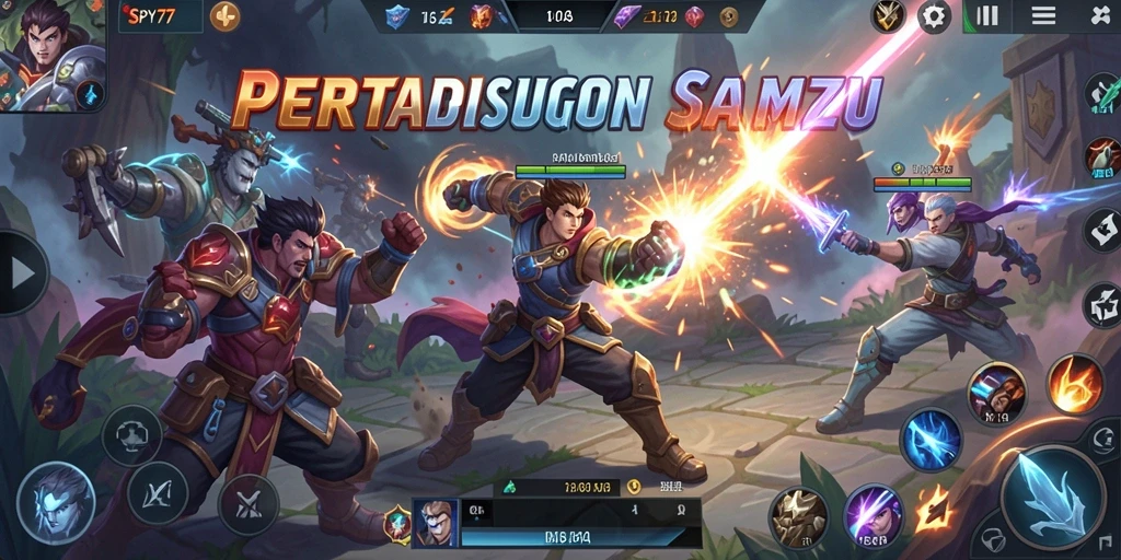 Tangkapan layar utama SPY77 menampilkan aksi pertarungan tim dalam MOBA.