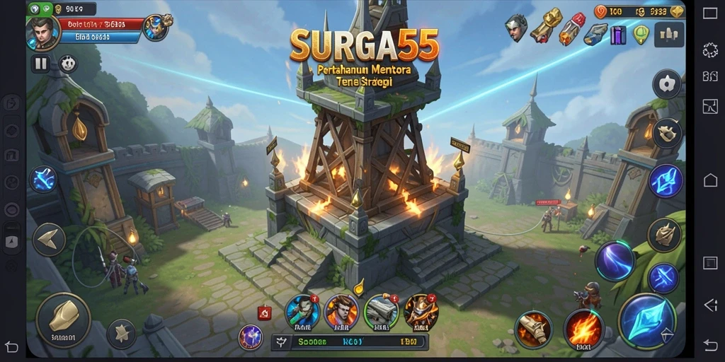 Tampilkan gameplay menarik dari SURGA55 dengan menara yang beragam.
