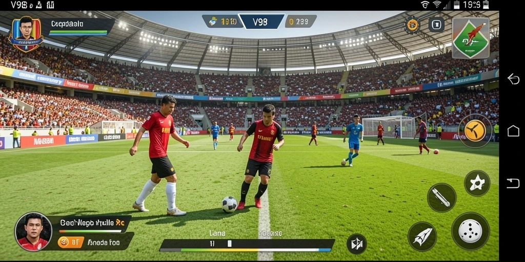 Tampilan gameplay V98 yang menarik dalam pertandingan sepak bola.